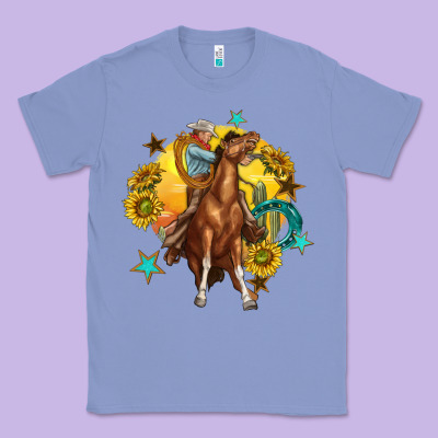Classic Tee bucking horse with cowboy and sunflower