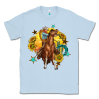 Dusty Blue bucking horse with cowboy and sunflower Classic Tee - texasbilliewilder