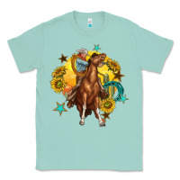 Seafoam bucking horse with cowboy and sunflower Classic Tee - texasbilliewilder