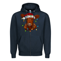Navy Christmas baby red angus calf with lights Zipper Hoodie - RanaPortraitStore