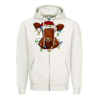 Oatmeal Heather Christmas baby red angus calf with lights Zipper Hoodie - RanaPortraitStore
