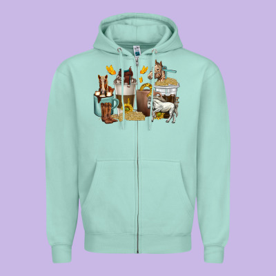 Coffee Cups Horses Zipper Hoodie Designed By Texasbilliewilder
