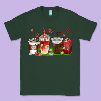 Classic Tee coffee cups lady bug with daisies