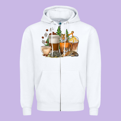 Coffee Cups Tiger With Coffee Beans Zipper Hoodie Designed By Texasbilliewilder