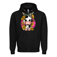 Black cut cow with sunflower and leopard  pink Zipper Hoodie - texasbilliewilder