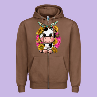 Cut Cow With Sunflower And Leopard  Pink Zipper Hoodie Designed By Texasbilliewilder