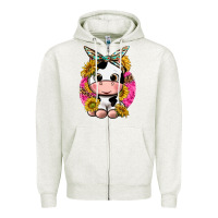 Oatmeal Heather cut cow with sunflower and leopard  pink Zipper Hoodie - texasbilliewilder