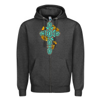 Charcoal Heather gemstone cross with sunflowers and butterflies Zipper Hoodie - texasbilliewilder