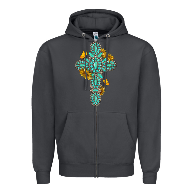 Gemstone Cross With Sunflowers And Butterflies Zipper Hoodie by texasbilliewilder | Teevron