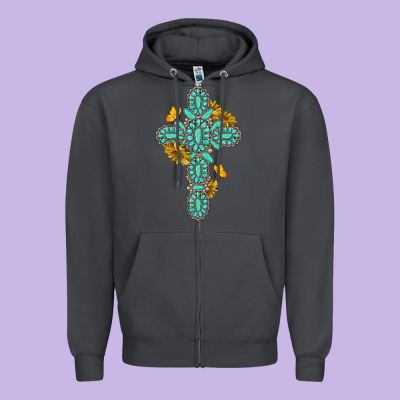 Zipper Hoodie gemstone cross with sunflowers and butterflies