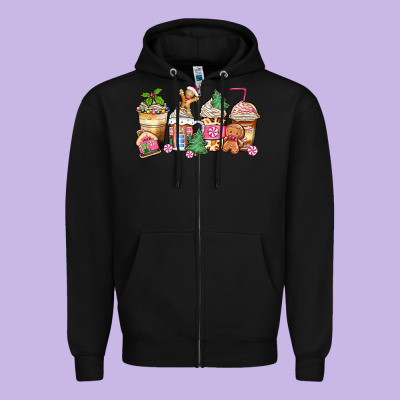 Pink Gingerbread Coffee Cups Zipper Hoodie Designed By Zillion Design Studio