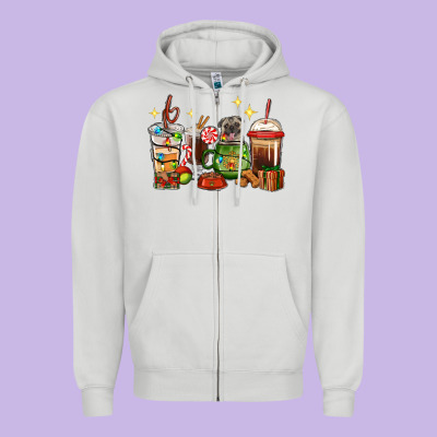 Zipper Hoodie Christmas coffee cups with Pug