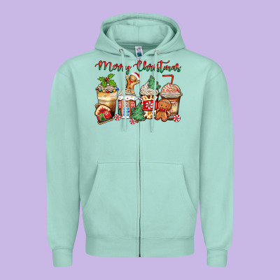 Merry Christmas Gingerbread Coffee Cups Zipper Hoodie Designed By Zillion Design Studio