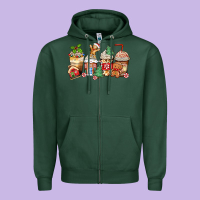 Christmas Gingerbread Coffee Cups Zipper Hoodie Designed By Zillion Design Studio