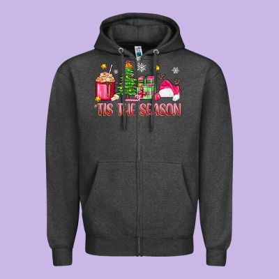 'tis The Season Pink Christmas Zipper Hoodie Designed By Zillion Design Studio