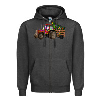 Charcoal Heather Christmas Farm Tractor Zipper Hoodie - RanaPortraitStore