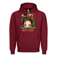Burgundy messy bun camp hair dont care Zipper Hoodie - texasbilliewilder
