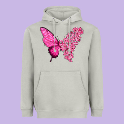 Pink Flowers And Breast Cancer Ribbon Butterfly Heavyweight Hoodie Designed By Texasbilliewilder
