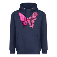 Navy Pink Flowers and Breast Cancer Ribbon Butterfly Heavyweight Hoodie - texasbilliewilder