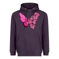 Plum Pink Flowers and Breast Cancer Ribbon Butterfly Heavyweight Hoodie - texasbilliewilder