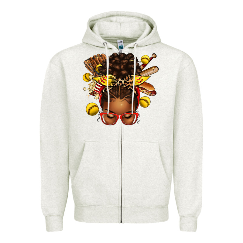 Softball Afro Messy Bun Zipper Hoodie by texasbilliewilder | Teevron