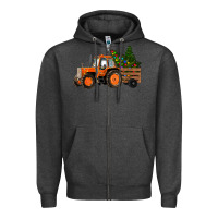 Charcoal Heather Christmas Orange Farm Tractor Zipper Hoodie - RanaPortraitStore