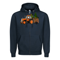 Navy Christmas Orange Farm Tractor Zipper Hoodie - RanaPortraitStore