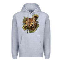 Heather Grey bear head sunflowers Premium Hoodie - NancyCooperArtShop