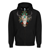 Black western aztec bull skull with gemstone Zipper Hoodie - texasbilliewilder