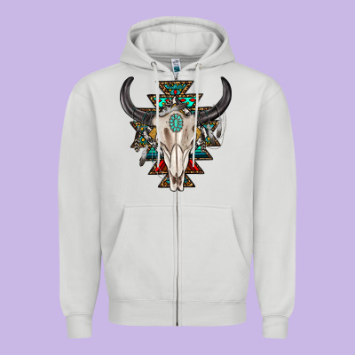 Zipper Hoodie western aztec bull skull with gemstone