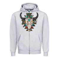 Heather Grey western aztec bull skull with gemstone Zipper Hoodie - texasbilliewilder