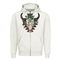 Oatmeal Heather western aztec bull skull with gemstone Zipper Hoodie - texasbilliewilder