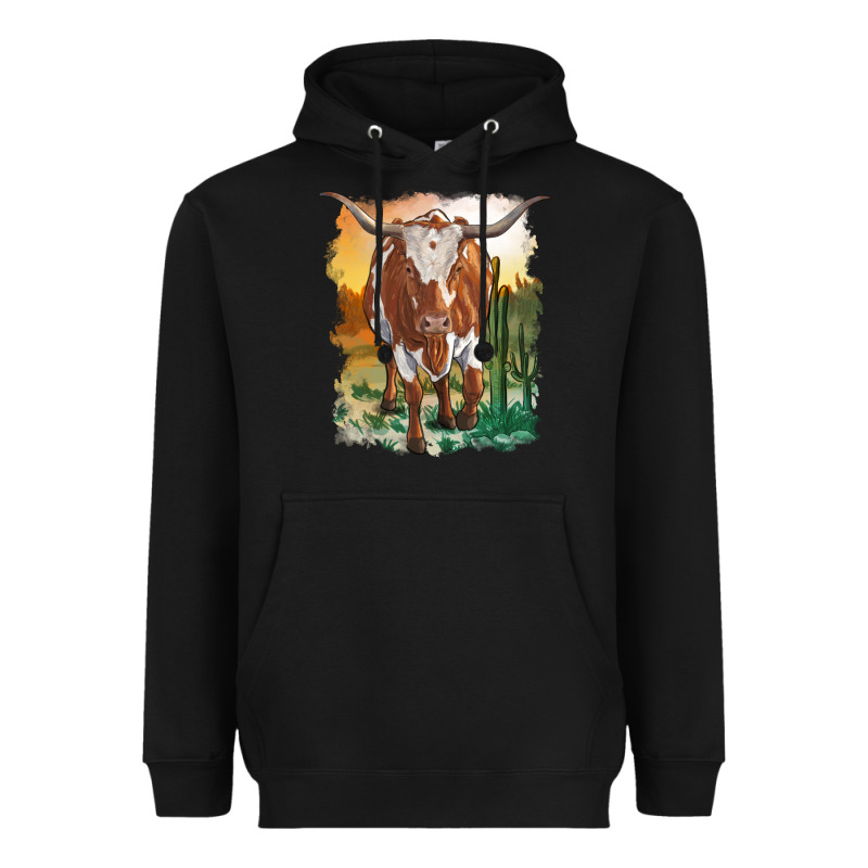 Longhorn Cow With Desert Background Heavyweight Hoodie by RanaPortraitStore | Teevron