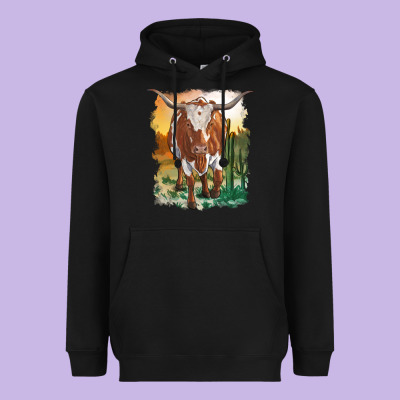Longhorn Cow With Desert Background Heavyweight Hoodie Designed By Ranaportraitstore