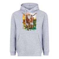 Heather Grey longhorn cow with desert background Heavyweight Hoodie - RanaPortraitStore