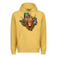 Antique Gold Texas map long haired shaggy cow Premium Hoodie - Jasminsmagicworld