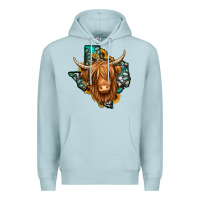 Blue Mist Texas map long haired shaggy cow Premium Hoodie - Jasminsmagicworld