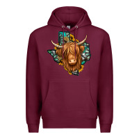 Burgundy Texas map long haired shaggy cow Premium Hoodie - Jasminsmagicworld