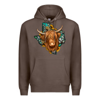 Coffee Texas map long haired shaggy cow Premium Hoodie - Jasminsmagicworld