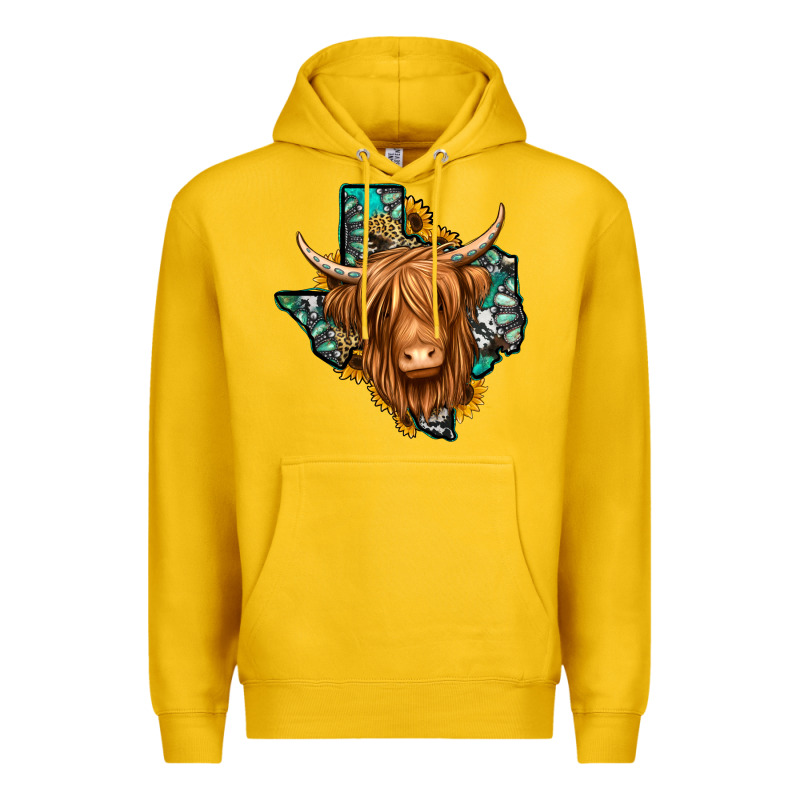 Texas Map Long Haired Shaggy Cow Premium Hoodie by Jasminsmagicworld | Teevron