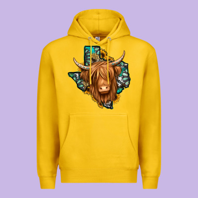 Texas Map Long Haired Shaggy Cow Premium Hoodie Designed By Jasminsmagicworld