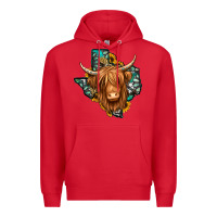 Red Texas map long haired shaggy cow Premium Hoodie - Jasminsmagicworld