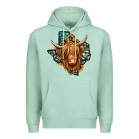 Seafoam Texas map long haired shaggy cow Premium Hoodie - Jasminsmagicworld