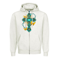 Oatmeal Heather cross with heart shaped gemstone and butterfly Zipper Hoodie - texasbilliewilder