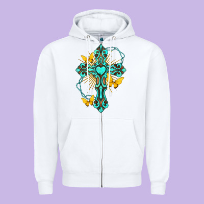 Zipper Hoodie cross with heart shaped gemstone and butterfly