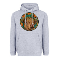 Heather Grey fall highland cow round Heavyweight Hoodie - RanaPortraitStore