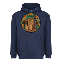 Navy fall highland cow round Heavyweight Hoodie - RanaPortraitStore