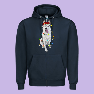 Zipper Hoodie Christmas White Shepherd With Christmas Lights
