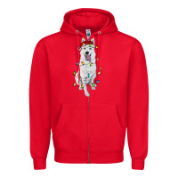 Red Christmas White Shepherd With Christmas Lights Zipper Hoodie - RanaPortraitStore