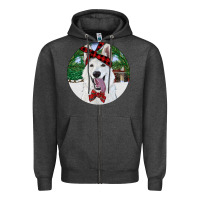 Charcoal Heather Christmas White Shepherd With Cowhide Zipper Hoodie - RanaPortraitStore